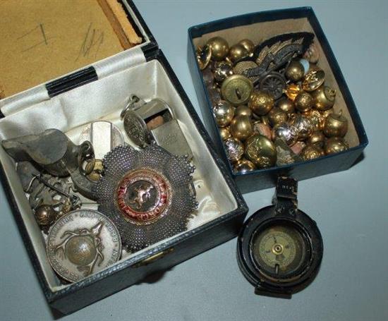 Belgian Order of Leopold medal, London Scottish Volunteers belt buckle, collection RA badges, whistles etc